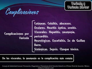 Consejo de Salubridad General. Prevención, Diagnóstico y Tratamiento de la Varicela Infantil en el Primer Nivel de Atención. México:
Gobierno Federal; 2008.

 