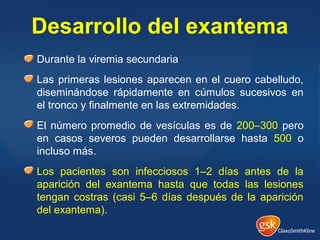 Desarrollo del exantema
Durante la viremia secundaria
Las primeras lesiones aparecen en el cuero cabelludo,
diseminándose rápidamente en cúmulos sucesivos en
el tronco y finalmente en las extremidades.
El número promedio de vesículas es de 200–300 pero
en casos severos pueden desarrollarse hasta 500 o
incluso más.
Los pacientes son infecciosos 1–2 días antes de la
aparición del exantema hasta que todas las lesiones
tengan costras (casi 5–6 días después de la aparición
del exantema).
 