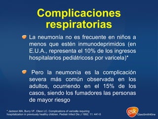 Complicaciones
respiratorias
La neumonía no es frecuente en niños a
menos que estén inmunodeprimidos (en
E.U.A., representa el 10% de los ingresos
hospitalarios pediátricoss por varicela)*
Pero la neumonía es la complicación
severa más común observada en los
adultos, ocurriendo en el 15% de los
casos, siendo los fumadores las personas
de mayor riesgo
* Jackson MA, Burry VF, Olson LC. Complications of varicella requiring
hospitalization in previously healthy children. Pediatr Infect Dis J 1992; 11: 441-5
 