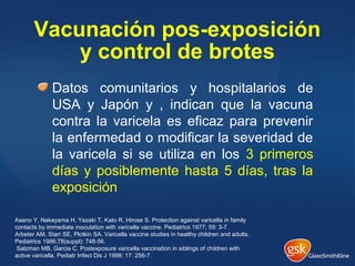 Vacunación pos-exposición
y control de brotes
Datos comunitarios y hospitalarios de
USA y Japón y , indican que la vacuna
contra la varicela es eficaz para prevenir
la enfermedad o modificar la severidad de
la varicela si se utiliza en los 3 primeros
días y posiblemente hasta 5 días, tras la
exposición
Asano Y, Nakayama H, Yazaki T, Kato R, Hirose S. Protection against varicella in family
contacts by immediate inoculation with varicella vaccine. Pediatrics 1977; 59: 3-7.
Arbeter AM, Starr SE, Plotkin SA. Varicella vaccine studies in healthy children and adults.
Pediatrics 1986;78(suppl): 748-56.
Salzman MB, Garcia C. Postexposure varicella vaccination in siblings of children with
active varicella. Pediatr Infect Dis J 1998; 17: 256-7.
 