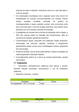 sintomas de tosse e dispnéia, iniciando-se entre um e seis dias após o
início da erupção.
 As complicações neurológicas são a segunda causa mais comum de
hospitalização em crianças imunocompetentes com varicela. Incluem
doença

cerebelar,

encefalite,

meningite.

Os

quadros

de

meningoencefalite e ataxia cerebelar ocorrem mais comumente entre
dois e seis dias após o início da erupção vesiculosa, mas existem casos
descritos com início durante o período de incubação.
 A patogênese da varicela inclui uma fase de replicação viral no fígado, e
50% das crianças podem ter elevação das transaminases, além de
ocorrência de hepatite, geralmente subclínica.
 Trombocitopenia aguda, associada com petéquias, lesões purpúricas,
hemorragias nas vesículas, epistaxe, hematúria e sangramento
gastrintestinal podem ocorrer como manifestações clínicas, geralmente
de curta duração.
 Síndrome de Reye: Uso de ácido acetil-salicílico. Quadro neurológico de
rápida progressão e disfunção hepática.
 Imunodeprimidos podem ter a forma de varicela disseminada, varicela
hemorrágica.

11. Tratamento


Sintomático: Antihistamínicos sistêmicos para atenuar o prurido.

Havendo infecção secundária, recomenda-se o uso de antibióticos
sistêmicos.
 Específico: Antivirais – Aciclovir
CRIANÇAS
Posologia
20 mg/kg/dose – VO – 4 x ao dia

Tempo
5 dias

ADULTOS
Posologia

Tempo

 
