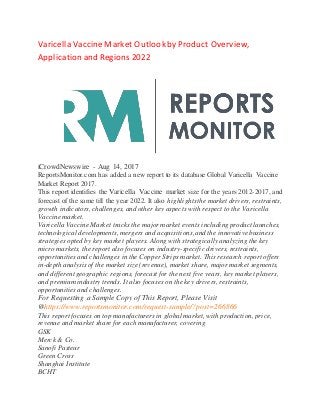 VaricellaVaccine Market Outlookby Product Overview,
ApplicationandRegions 2022
iCrowdNewswire - Aug 14, 2017
ReportsMonitor.com has added a new report to its database Global Varicella Vaccine
Market Report 2017.
This report identifies the Varicella Vaccine market size for the years 2012-2017, and
forecast of the same till the year 2022. It also highlights the market drivers, restraints,
growth indicators, challenges, and other key aspects with respect to the Varicella
Vaccine market.
Varicella Vaccine Market tracks the major market events including product launches,
technological developments, mergers and acquisitions,and the innovative business
strategies opted by key market players. Along with strategically analyzing the key
micro markets, the report also focuses on industry-specific drivers, restraints,
opportunities and challenges in the Copper Strips market. This research report offers
in-depth analysis of the market size (revenue), market share, major market segments,
and different geographic regions, forecast for the next five years, key market players,
and premium industry trends. It also focuses on the key drivers, restraints,
opportunities and challenges.
For Requesting a Sample Copy of This Report, Please Visit
@https://www.reportsmonitor.com/request-sample/?post=266866
This report focuses on top manufacturers in global market, with production, price,
revenue and market share for each manufacturer, covering
GSK
Merck & Co.
Sanofi Pasteur
Green Cross
Shanghai Institute
BCHT
 