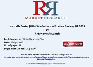 Browse more reports on Infectious Diseases Therapeutics at
http://www.rnrmarketresearch.com/reports/life-sciences/pharmaceuticals/therapeutics/infectious-
diseases-therapeutics .
Varicella Zoster (HHV-3) Infections – Pipeline Review, H1 2015
By
RnRMarketResearch
© http://www.rnrmarketresearch.com/ ; sales@RnRMarketResearch.com
+1 888 391 5441
Publisher Name : Global Markets Direct
Date: 30-Apr-2015
No. of pages: 89
Single User License: US $2000
 