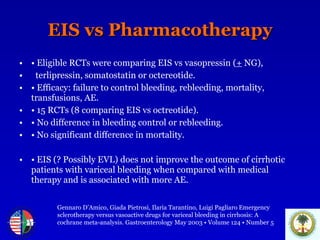 EIS vs Pharmacotherapy •   Eligible RCTs were comparing EIS vs vasopressin ( +  NG), terlipressin, somatostatin or octereotide. •   Efficacy: failure to control bleeding, rebleeding, mortality, transfusions, AE. •   15 RCTs (8 comparing EIS vs octreotide). •   No difference in bleeding control or rebleeding. •   No significant difference in mortality. •   EIS (? Possibly EVL) does not improve the outcome of cirrhotic patients with variceal bleeding when compared with medical therapy and is associated with more AE. Gennaro D’Amico, Giada Pietrosi, Ilaria Tarantino, Luigi Pagliaro Emergency  sclerotherapy versus vasoactive drugs for variceal bleeding in cirrhosis: A  cochrane meta-analysis. Gastroenterology May 2003 • Volume 124 • Number 5 