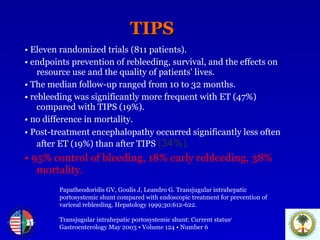 TIPS •   Eleven randomized trials (811 patients). •   endpoints prevention of rebleeding, survival, and the effects on resource use and the quality of patients' lives.   •   The median follow-up ranged from 10 to 32 months.  •   rebleeding was significantly more frequent with ET (47%) compared with TIPS (19%).  •   no difference in mortality.  •   Post-treatment encephalopathy occurred significantly less often after ET (19%) than after TIPS  (34%).  •   95% control of bleeding, 18% early rebleeding, 38% mortality. Papatheodoridis GV, Goulis J, Leandro G. Transjugular intrahepatic  portosystemic shunt compared with endoscopic treatment for prevention of  variceal rebleeding. Hepatology 1999;30:612-622. Transjugular intrahepatic portosystemic shunt: Current status 1  Gastroenterology May 2003 • Volume 124 • Number 6 