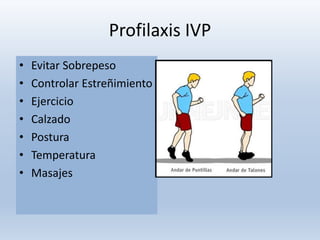 Profilaxis IVP
• Evitar Sobrepeso
• Controlar Estreñimiento
• Ejercicio
• Calzado
• Postura
• Temperatura
• Masajes
 