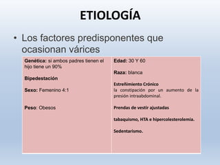 ETIOLOGÍA
• Los factores predisponentes que
ocasionan várices
Genética: si ambos padres tienen el
hijo tiene un 90%
Bipedestación
Sexo: Femenino 4:1
Peso: Obesos
Edad: 30 Y 60
Raza: blanca
Estreñimiento Crónico
la constipación por un aumento de la
presión intraabdominal.
Prendas de vestir ajustadas
tabaquismo, HTA e hipercolesterolemia.
Sedentarismo.
 