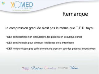 Remarque La compression graduée n'est pas la même que T.E.D. tuyau •  DET sont destinés non ambulatoire, les patients en décubitus dorsal •  DET sont indiqués pour diminuer l'incidence de la thrombose •  DET ne fournissent pas suffisamment de pression pour les patients ambulatoires 