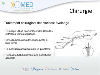 Chirurgie Traitement chirurgical des varices: éveinage •  Éveinage utilisé pour enlever des Grandes  et Petites veines saphènes •  60% d'amélioration des rendements à  long terme •  La néovascularisation reste un problème •  Nécessite habituellement une anesthésie  générale 