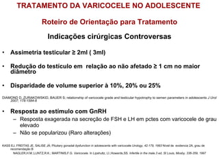 TRATAMENTO DA VARICOCELE NO ADOLESCENTE  Roteiro de Orientação para Tratamento Indicações cirúrgicas Controversas Assimetria testicular ≥ 2ml ( 3ml) Redução do testículo em  relação ao não afetado ≥ 1 cm no maior diâmetro Disparidade de volume superior à 10%, 20% ou 25% DIAMOND D, ZURAKOWSKID, BAUER S; relationship of varicocele grade and testicular hypotrophy to semen parameters in adolescents  J Urol 2007; 178:1584-8 Resposta ao estímulo com GnRH Resposta exagerada na secreção de FSH e LH em pctes com varicocele de grau elevado Não se popularizou (Raro alterações) KASS EJ, FREITAS JE, SALISE JÁ; Pituitary gonadal dysfunction in adoiescents with varicocele  Urology, 42:179, 1993  Nível de  evidencia 2A, grau de recomendação B NAGLER,H.M.;LUNTZ,R.K.; MARTINIS,F.G.  Varicocele.  In Lipshultz, LI.;Howards,SS.  Infertile in the male.3 ed, St Louis, Mosby, 336-359, 1997 