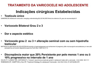 TRATAMENTO DA VARICOCELE NO ADOLESCENTE Indicações cirúrgicas Estabelecidas Testículo único DIAMOND,DA. Adolescent varicocele: emerging understending.BJU,92:48,2003 Nível de evidencia 2A, grau de recomendação B Varicocele Bilateral Grau 2 e 3 Dor e aspecto estético Varicocele grau 2  ou 3 + alteração seminal com ou sem hipotrofia testicular MATHEUS GJ,MATHEUS ED,GOLDSTEIN M,Induction of spermatogenesis and achievment of pregnancy after microsurgical varicocelectomy in men with azoospermia and severe oligoasthenospermia  Fertil Steril 1998;70(1)71-5 Discrepância maior que 20% Persistente por pelo menos 1 ano ou ≥ 10% progressiva no intervalo de 1 ano KOLON TF, CLEMENT MR, CARTWRIGHT L Transient  asynchronous testicular growth in adolescent males with a varicocele  J Urol 2008; 180:1111 ROBINSON SP, HAMPTON lj, Koo HP; Treatment Strategy for adolescent Varicocele  Urol Clin N Am 37 (2010)269-278 