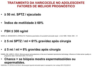 TRATAMENTO DA VARICOCELE NO ADOLESCENTE FATORES DE MELHOR PROGNÓSTICO ≥  50 mi. SPTZ / ejaculado Índice de motilidade ≥ 60% FSH ≤ 300 ng/ml MARK JC, MCNAHON R, LIPZHULTZ. Predictive parameters of succesfull varicocele repair  J Urol 1986; 136(3): 609 – 12 ≥  5 mi SPTZ / ml = 61% gravidez após cirurgia ≤  5 mi / ml = 8% gravidez após cirurgia KAMAL KM, JARKI K, ZINI A. Microcirurgical varicocelectomy in the era of assisted reproductive technology: Influence of initial semen quality on pregnance rates.  Fertil steril 2001; 75 1013-6 Chance > se biópsia mostra espermatozóides ou espermatides. KADIOGLU  A,TEFEKI A,CAYAN S. Microsurgical inguinal varicocele repais in azoospermic men  urology 2001;57(2)328-33 
