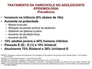 TRATAMENTO DA VARICOCELE NO ADOLESCENTE EPIDEMIOLOGIA Prevalência Incomum na Infância (6% abaixo de 10a) Aumenta na puberdade  Massa muscular Retração da parede anterior do abdômen Abdômen de globoso à plano Aumento da atividade física Aumento da PIA 15% adultos jovens e 40% homens inférteis Passado E (9) : D (1) e 10% bilateral Atualmente 70% Bilateral e 30% Unilateral E OSTER,J. Varicocele in children and adolescents. An investigation of the incidence among danish school children. Scand. J. Urol. Nephrol. 5:27-31,1971 LEWIS,E.L.;The Ivanissevich operation.  J.Urol.63:165-167,1950. APPLEBY,G.S.Varicoceles ,a problem in military personnel. W Virginia  med. J.51:76-78,1955 NAGLER,H.M.;LUNTZ,R.K.; MARTINIS,F.G.varicocele. In Lipshultz, LI.;Howards,SS. Infertile in the male.3 ed, St Louis, Mosby, 336-359, 1997 AKBAY E;CAYAN S;DORUK E;The Prevalence of varicocele and varicocele related testicular atrophy in Turkish children and adolescents. BJU INT 2000; 86:490-3 