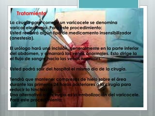 Tratamiento
La cirugía para corregir un varicocele se denomina
varicocelectomía. Para este procedimiento:
Usted recibirá algún tipo de medicamento insensibilizador
(anestesia).
El urólogo hará una incisión, generalmente en la parte inferior
del abdomen, y amarrará las venas anormales. Esto dirige la
el flujo de sangre hacia las venas normales.
Usted podrá salir del hospital el mismo día de la cirugía.
Tendrá que mantener compresas de hielo sobre el área
durante las primeras 24 horas posteriores a la cirugía para
reducir la hinchazón.
Una alternativa a la cirugía es la embolización del varicocele.
Para este procedimiento:
 