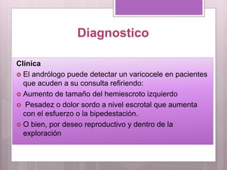 Diagnostico
Clínica
 El andrólogo puede detectar un varicocele en pacientes
que acuden a su consulta refiriendo:
 Aumento de tamaño del hemiescroto izquierdo
 Pesadez o dolor sordo a nivel escrotal que aumenta
con el esfuerzo o la bipedestación.
 O bien, por deseo reproductivo y dentro de la
exploración
 