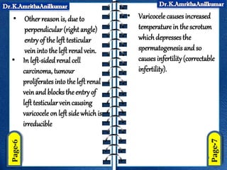 • Other reasonis, due to
perpendicular (right angle)
entryof the left testicular
veinintothe left renal vein.
• In left-sidedrenal cell
carcinoma, tumour
proliferates intothe left renal
vein and blocks the entry of
left testicular veincausing
varicocele on left side which is
irreducible
• Varicocele causes increased
temperaturein thescrotum
whichdepresses the
spermatogenesis and so
causes infertility(correctable
infertility).
 