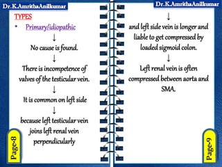 TYPES
• Primary/idiopathic
↓
No cause is found.
↓
Thereis incompetence of
valves of the testicular vein.
↓
It is commonon left side
↓
becauseleft testicular vein
joins left renal vein
perpendicularly
↓
and left side vein is longer and
liable to get compressed by
loadedsigmoid colon.
↓
Left renal vein is often
compressed betweenaortaand
SMA.
 