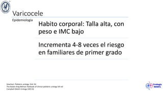 Varicocele
Epidemiologia
Habito corporal: Talla alta, con
peso e IMC bajo
Incrementa 4-8 veces el riesgo
en familiares de primer grado
Gearhart. Pediatric urology. 2nd. Ed.
The Kelalis-King-Belman Textbook of clinical pediatric urology 5th ed
Campbell-Walsh Urology 10th Ed.
 