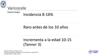 Varicocele
Epidemiologia
Incidencia 8-16%
Raro antes de los 10 años
Incrementa a la edad 10-15
(Tanner 3)
Gearhart. Pediatric urology. 2nd. Ed.
The Kelalis-King-Belman Textbook of clinical pediatric urology 5th ed
Campbell-Walsh Urology 10th Ed.
 