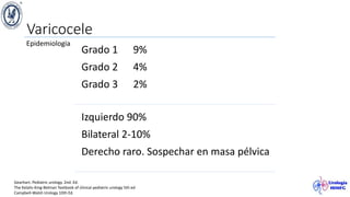 Varicocele
Epidemiologia
Grado 1 9%
Grado 2 4%
Grado 3 2%
Izquierdo 90%
Bilateral 2-10%
Derecho raro. Sospechar en masa pélvica
Gearhart. Pediatric urology. 2nd. Ed.
The Kelalis-King-Belman Textbook of clinical pediatric urology 5th ed
Campbell-Walsh Urology 10th Ed.
 
