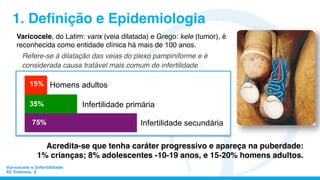 Varicocele e Infertilidade
SC Esteves, 3
1. Deﬁnição e Epidemiologia
Refere-se à dilatação das veias do plexo pampiniforme e é
considerada causa tratável mais comum de infertilidade
masculina.
Acredita-se que tenha caráter progressivo e apareça na puberdade:
1% crianças; 8% adolescentes -10-19 anos, e 15-20% homens adultos.
Varicocele, do Latim: varix (veia dilatada) e Grego: kele (tumor), é
reconhecida como entidade clínica há mais de 100 anos.
15%
35%
75%
Homens adultos
Infertilidade primária
Infertilidade secundária
 