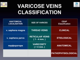 VARICOSE VEINS
CLASSIFICATION
ANATOMICAL
LOCALISATION
SIZE OF VARICES
CEAP
Classification
v. saphena magna THREAD VEINS CLINICAL
v. saphena parva
RETICULAR VEINS
( 1 - 4 mm. )
ETIOLOGICAL
перфоратори
VARICOSITY
( > 4 mm. )
ANATOMICAL
PATHOPHYSIOLOGICAL
 
