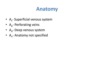 Anatomy
• As- Superficial venous system
• Ap- Perforating veins
• Ad- Deep venous system
• An- Anatomy not specified
 