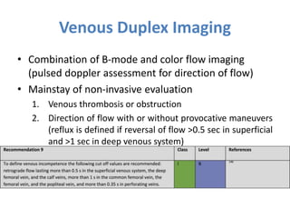 Venous Duplex Imaging
• Combination of B-mode and color flow imaging
(pulsed doppler assessment for direction of flow)
• Mainstay of non-invasive evaluation
1. Venous thrombosis or obstruction
2. Direction of flow with or without provocative maneuvers
(reflux is defined if reversal of flow >0.5 sec in superficial
and >1 sec in deep venous system)
 