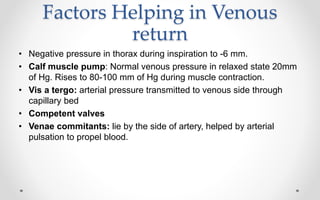 Factors Helping in Venous
return
• Negative pressure in thorax during inspiration to -6 mm.
• Calf muscle pump: Normal venous pressure in relaxed state 20mm
of Hg. Rises to 80-100 mm of Hg during muscle contraction.
• Vis a tergo: arterial pressure transmitted to venous side through
capillary bed
• Competent valves
• Venae commitants: lie by the side of artery, helped by arterial
pulsation to propel blood.
 