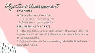 Objective Assessment
PALPATION
Hard nodule - thrombosed vein
Tenderness - thrombophlebitis
Whole length of vein is palpated
1.
2.
PERCUSSION (TAP TEST)
1. Place one finger, with a small amount of pressure, onto the
saphenofemoral junction (SFJ) which is located 4cm inferior-lateral
to the pubic tubercle.
2. Tap the varicose vein you are assessing, which should be located
lower down the leg.
 