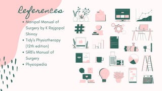 Manipal Manual of
Surgery by K Rajgopal
Shinoy
Tidy's Physiotherapy
(12th edition)
SRB's Manual of
Surgery
Physiopedia
References
 