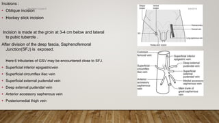 Incisions :
• Oblique incision
• Hockey stick incision
Incision is made at the groin at 3-4 cm below and lateral
to pubic tubercle .
After division of the deep fascia, Saphenofemoral
Junction(SFJ) is exposed.
Here 6 tributaries of GSV may be encountered close to SFJ.
 Superficial inferior epigastricvein
 Superficial circumflex iliac vein
 Superficial external pudendal vein
 Deep external pudendal vein
 Anterior accessory saphenous vein
 Posteriomedial thigh vein
4/4/2019Shubham Gupta ©
 