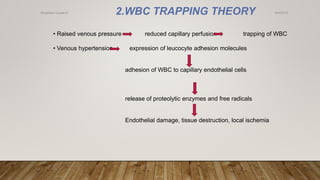 2.WBC TRAPPING THEORY
• Raised venous pressure reduced capillary perfusion trapping of WBC
• Venous hypertension expression of leucocyte adhesion molecules
adhesion of WBC to capillary endothelial cells
release of proteolytic enzymes and free radicals
Endothelial damage, tissue destruction, local ischemia
4/4/2019Shubham Gupta ©
 
