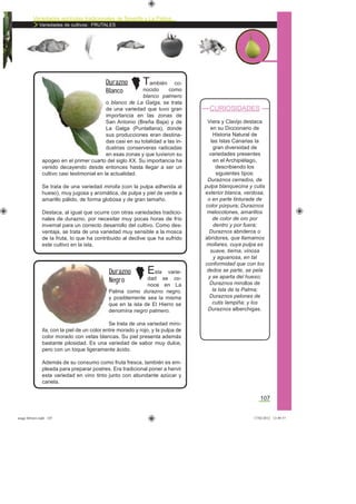 Variedades agrícolas tradicionales de Tenerife y La Palma
Variedades de cultivos: FRUTALES
107
También co-
nocido como
blanco palmero
o blanco de La Galga, se trata
de una variedad que tuvo gran
importancia en las zonas de
San Antonio (Breña Baja) y de
La Galga (Puntallana), donde
sus producciones eran destina-
das casi en su totalidad a las in-
dustrias conserveras radicadas
en esas zonas y que tuvieron su
apogeo en el primer cuarto del siglo XX. Su importancia ha
venido decayendo desde entonces hasta llegar a ser un
cultivo casi testimonial en la actualidad.
Se trata de una variedad mirolla (con la pulpa adherida al
hueso), muy jugosa y aromática, de pulpa y piel de verde a
amarillo pálido, de forma globosa y de gran tamaño.
Destaca, al igual que ocurre con otras variedades tradicio-
nales de durazno, por necesitar muy pocas horas de frío
invernal para un correcto desarrollo del cultivo. Como des-
ventaja, se trata de una variedad muy sensible a la mosca
de la fruta, lo que ha contribuido al declive que ha sufrido
este cultivo en la isla.
CURIOSIDADES
Viera y Clavijo destaca
en su Diccionario de
Historia Natural de
las Islas Canarias la
gran diversidad de
variedades presentes
en el Archipiélago,
describiendo los
siguientes tipos:
Duraznos cerrados, de
pulpa blanquecina y cutis
exterior blanca, verdosa,
o en parte tinturada de
color púrpura; Duraznos
melocotones, amarillos
de color de oro por
dentro y por fuera;
Duraznos abrideros o
abridores, que llamamos
mollares, cuya pulpa es
suave, tierna, vinosa
y aguanosa, en tal
conformidad que con los
dedos se parte, se pela
y se aparta del hueso;
Duraznos mirollos de
la Isla de la Palma;
Duraznos pelones de
cutis lampiña; y los
Duraznos alberchigas.
Durazno
Blanco
Esta varie-
dad se co-
noce en La
Palma como durazno negro,
y posiblemente sea la misma
que en la isla de El Hierro se
denomina negro palmero.
Se trata de una variedad miro-
lla, con la piel de un color entre morado y rojo, y la pulpa de
color morado con vetas blancas. Su piel presenta además
bastante pilosidad. Es una variedad de sabor muy dulce,
pero con un toque ligeramente ácido.
Además de su consumo como fruta fresca, también es em-
pleada para preparar postres. Era tradicional poner a hervir
esta variedad en vino tinto junto con abundante azúcar y
canela.
Durazno
Negro
asaga febrero.indd 107 17/02/2012 13:49:57
 