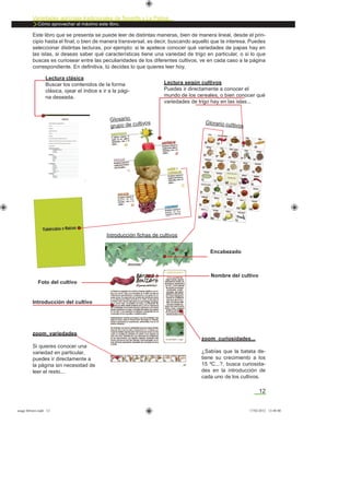 12
Variedades agrícolas tradicionales de Tenerife y La Palma
Cómo aprovechar al máximo este libro.
Este libro que se presenta se puede leer de distintas maneras, bien de manera lineal, desde el prin-
cipio hasta el ﬁnal, o bien de manera transversal, es decir, buscando aquello que te interesa. Puedes
seleccionar distintas lecturas, por ejemplo: si te apetece conocer qué variedades de papas hay en
las islas, si deseas saber qué características tiene una variedad de trigo en particular, o si lo que
buscas es curiosear entre las peculiaridades de los diferentes cultivos, ve en cada caso a la página
correspondiente. En deﬁnitiva, tú decides lo que quieres leer hoy.
Lectura clásica
Buscar los contenidos de la forma
clásica, ojear el índice e ir a la pági-
na deseada.
Lectura según cultivos
Puedes ir directamente a conocer el
mundo de los cereales, o bien conocer qué
variedades de trigo hay en las islas...
zoom_curiosidades...
¿Sabías que la batata de-
tiene su crecimiento a los
15 ºC...?, busca curiosida-
des en la introducción de
cada uno de los cultivos.
Nombre del cultivo
Encabezado
Foto del cultivo
Introducción del cultivo
Introducción ﬁchas de cultivos
zoom_variedades
Si quieres conocer una
variedad en particular,
puedes ir directamente a
la página sin necesidad de
leer el resto...
asaga febrero.indd 12 17/02/2012 13:40:00
 