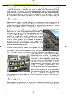18
Variedades agrícolas tradicionales de Tenerife y La Palma
Introducción
cultivar, y cuáles para comer?, ¿cuáles se conservan mejor después de recolectadas?,
¿cómo las reconocen? y ¿qué otros usos tienen? A la vez, deben obtenerse datos de ca-
rácter cientíﬁco: ¿cómo son, y cómo podemos distinguirlas?, ¿tienen características espe-
ciales para la nutrición y la gastronomía?, ¿se podrían registrar como variedades locales?
En general, se debe obtener la máxima información posible de los agricultores y de los es-
tudios cientíﬁcos de caracterización morfológica, molecular, agronómica o bromatológica.
- Conservación ex situ
La conservación ex situ implica el desarrollo de colecciones de material vegetal, que se
conservan en bancos de germoplasma. Esto permite mantenerlas en condiciones ade-
cuadas, que garanticen su viabilidad, es decir, su capacidad para reproducirse. Además,
facilita el suministro de muestras a investigadores u otros usuarios.
En primer lugar, el material a conservar debe ser recogido
en su lugar de cultivo, directamente de los agricultores. Se
recolectan tanto semillas como púas, esquejes, tubérculos
o bulbos, en función del tipo de reproducción- sexual o ve-
getativa- de cada especie. También se rellena una “ﬁcha de
recolección”, en la que se anotan todos los datos posibles
sobre el material recolectado: nombre local de la variedad,
procedencia, antigüedad, épocas de siembra o plantación,
características, usos, etc. Esta información acompañará en el
futuro a cada muestra recolectada.
Aquellas variedades que se multiplican por semillas son con-
servadas en unas condiciones determinadas de temperatura
y humedad. Existe una regla general, propuesta por Harring-
ton en 1972, que dice que la vida de una semilla se duplica por cada 5ºC de disminución
de la temperatura, y por cada 1% de reducción
de su contenido de humedad. Esta regla es apli-
cable en el caso de muchas semillas de interés
agronómico, como los cereales, las legumino-
sas y la mayoría de las hortalizas; sin embar-
go, algunas especies, sobre todo procedentes
de zonas cálidas y húmedas (café, cacao, coco,
mango…), no admiten estos tratamientos, por lo
que es necesario buscar técnicas alternativas.
En el caso de las especies en las que prima la
reproducción vegetativa, como las papas, bata-
tas, ajos o árboles frutales, se establecen colec-
ciones de plantas en campo, o bien se conservan los tejidos, mediante procedimientos de
cultivo in vitro.
- Conservación in situ
La conservación in situ consiste en mantener las poblaciones vegetales en su ambiente
natural. En el caso de las especies cultivadas, se reﬁere a su conservación allí donde
asaga febrero.indd 18 17/02/2012 13:40:31
 