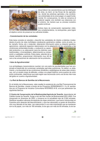 desarrollaron las características que las distinguen
de otras, es decir, en las ﬁncas de los agriculto-
res, donde las prácticas agrícolas y las condicio-
nes ambientales de la zona juegan un papel funda-
mental. En consecuencia, no sólo se conserva el
material vegetal, sino también sus relaciones con
el entorno, de manera que su proceso evolutivo
puede continuar.
Ambos tipos de conservación representan méto-
dos complementarios, no excluyentes, para lograr
el objetivo común de preservar los cultivares locales.
- Caracterización de las variedades
Esta tarea consiste en estudiar y describir las variedades de interés a distintos niveles:
desde el punto de vista morfológico (analizando parámetros visibles, como el porte, co-
lor, tamaño, forma, etc.); molecular, obteniendo información sobre su dotación genética;
agronómico, valorando aspectos relacionados con la adaptación de las variedades a las
condiciones ambientales locales, y evaluando su capaci-
dad productiva o su adecuación para los distintos usos
tradicionales; o bromatológico, determinando su compo-
sición y cualidades nutritivas. Estos datos, además de su
interés cientíﬁco, proporcionan información muy útil de
cara a las actuaciones de valorización de los productos.
• Islas de Agrodiversidad
Los archipiélagos macaronésicos cuentan con una serie de peculiaridades que han pro-
piciado el desarrollo de numerosas variedades agrícolas autóctonas. Su latitud, su aisla-
miento, y la diversidad de las condiciones climáticas y edafológicas de estas islas volcáni-
cas, con un amplio rango de altitudes, unidas a su papel histórico como puertos de unión
entre continentes, determinan que esta región sea reconocida como una de las más ricas
del globo en cuanto a Agrodiversidad.
• La Red de Bancos de Semillas de la Macaronesia
En el ámbito de la Macaronesia, cabe resaltar la existencia de una Red Transnacional de
Bancos de Semillas, creada a través de los Proyectos GERMOBANCO I, II y III, aproba-
dos por el Programa de Iniciativa Comunitaria INTERREG III B, a la que pertenecen los
siguientes Bancos:
El Centro de Conservación de la Biodiversidad Agrícola de Tenerife, dependiente del
Cabildo Insular de Tenerife. Surge a raíz del Plan Insular de Biodiversidad 2001-2005. Fue
inaugurado en diciembre de 2003, y conserva en la actualidad más de 2.500 entradas.
Destacan aquellos cultivares de especies de origen americano, que fueron introducidas en
Canarias poco después del descubrimiento, y que han alcanzado un grado de diversiﬁca-
ción muy elevado en las islas. Las colecciones in vivo más importantes que se mantienen
son la de papas, con más de 160 entradas, la de ajos con más de 90 entradas, la de ba-
19
Variedades agrícolas tradicionales de Tenerife y La Palma
Introducción
asaga febrero.indd 19 17/02/2012 13:40:35
 