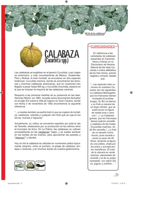 73
74
Las calabazas se engloban en el genero Cucurbita, cuyo origen
es americano, y más concretamente de México, Guatemala,
Perú y Bolivia. A nivel mundial, se encuadran en dos especies
botánicas: Cucurbita maxima, donde se encontrarían las famo-
sas y enormes calabazas americanas, que en ocasiones han
llegado a pesar hasta 500 kg, y Cucurbita moschata, especie en
la que se incluyen la mayoría de las calabazas canarias.
Respecto a las primeras reseñas de su presencia en las islas,
Sánchez Martín, en 1984, recopila varios documentos fechados
en el siglo XVI sobre la Villa de Ingenio en Gran Canaria, donde
con fecha 3 de noviembre de 1582 encontramos la siguiente
referencia
“…a medias también se partirá todo lo que se cogiere de hortali-
za, calabazas, cebollas y cualquier otro fruto que se coja en las
tierras, huertas e higueras”.
Actualmente, su cultivo se encuentra repartido por toda la isla
de Tenerife, destacando por su producción en los últimos años
el municipio de Arico. En La Palma, las calabazas se cultivan
principalmente en las medianías* bajas, y se suelen sembrar
en los bordes de los huertos, para aprovechar las paredes y
“ribanzos"* o taludes.
Hoy en día la calabaza es utilizada en numerosos platos típica-
mente canarios, como el puchero, el potaje de calabaza, len-
tejas o verduras, y en muchos dulces de nuestra gastronomía.
En referencia a las
variedades de calabaza
presentes en Canarias,
Viera y Clavijo en su
Diccionario de Historia
Natural de las Islas Ca-
narias o índice alfabético
de los tres reinos, animal,
vegetal y mineral, detalla
que:
“...Las especies más co-
munes en nuestras Ca-
narias son las siguientes:
La calabaza Marangaño,
que los franceses llaman
trompeta (Cucúrbita
longa). Su ﬂor es blanca
y su fruto a manera de
un largo cilindro, que se
suele torcer en ﬁgura
de media luna o cara-
col (…). La Calabaza
guinea, que los franceses
llaman potirom amarillo
y calabaza de las Indias
(Cucúrbita maxima). Es
de ﬂor amarilla (...) y fruto
de un tamaño mons-
truoso, pues excede a
veces su peso de 40
libras, teniendo la ﬁgura
de una esfera, chata por
los polos y surcada por
los meridianos. El color
de la cáscara es verde
lustroso, ataraceado de
amarillo y el de su pulpa
naranjado, con sabor dul-
ce, jugoso y nutritivo… ”
CALABAZA
(Cucurbita spp.)
de rueda
74
de violínde Guinea
74
HOJA de la calabaza
CURIOSIDADES
asaga febrero.indd 73 17/02/2012 13:46:10
 