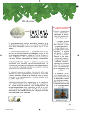80
La pantana se engloba, como el resto de las calabazas, en la
familia de las cucurbitáceas. Su nombre cientíﬁco, Cucurbita ﬁ-
cifolia, hace referencia al parecido de sus hojas con las de una
higuera.
La domesticación de este cultivo se realizó en la zona costera
del Perú, por lo que su origen es probablemente andino; sin em-
bargo, algunos investigadores lo sitúan en América Central o en
el sur de Méjico. En estos países se conoce como chilacayote
o lacayote, nombres que proceden de la lengua azteca náhuatl.
Dentro de las diferentes especies de calabazas, la pantana está
considerada como una de las que menos diversidad tiene. Las
variedades se distinguen principalmente por el color exterior del
fruto, existiendo pantanas de color blanco, verde sobre blanco y
verde oscuro con o sin vetas blancas.
Se trata de la especie de calabaza más tolerante a las bajas
temperaturas, lo que le permite seguir creciendo en invierno. En
Canarias, se suelen cultivar en las medianías* altas de ambas
vertientes. En los trópicos se cultiva a elevadas altitudes, entre
los 1.000 y 3.000 msnm.
Los estudios realizados sobre las pantanas de las Islas Cana-
rias y la Península Ibérica han demostrado que las pantanas
de Canarias muestran diferencias tanto morfológicas (en sus
características visibles) como moleculares (a nivel de su infor-
mación genética) con respecto a las de la Península, probable-
mente debido a la introducción de este cultivo en momentos
distintos y desde zonas diferentes.
CURIOSIDADES
Respecto a las pantanas,
Viera y Clavijo en su
Diccionario de Historia
Natural de las Islas Ca-
narias, detalla que:
“…La calabaza llamada
en Tenerife pantana o
boba; en Gran Canaria
cabellos de ángel; en
Castilla, cidra chayote
(cucurbita latior). Tiene la
ﬂor blanca y es parecida
a la Sandía en la ﬁgura
y lo liso de la cáscara;
bien que es más sólida,
enteramente blanca y
en algunas de un verde
manchado con habas
blanquecinas. Su pulpa
es también blanca, agua-
nosa, cargada de ﬁbras,
por lo que se suele servir
en dulce…”
Las calabazas, y en es-
pecial las pantanas, han
sido usadas comúnmente
en la repostería canaria,
principalmente para la
elaboración de una pasta
dulce conocida como dul-
ce de pantana o cabello
de ángel.
PANT ANA
(Cucurbita ficifolia)
8181
HOJA de la pantana
VerdeBlanca
Cabello de Ángel
asaga febrero.indd 80 17/02/2012 13:46:53
 