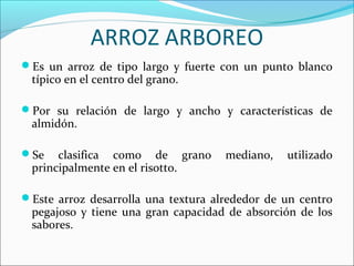 ARROZ ARBOREO
Es un arroz de tipo largo y fuerte con un punto blanco

típico en el centro del grano.

Por su relación de largo y ancho y características de

almidón.

Se

clasifica como de grano
principalmente en el risotto.

mediano,

utilizado

Este arroz desarrolla una textura alrededor de un centro

pegajoso y tiene una gran capacidad de absorción de los
sabores.

 