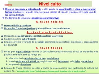 Nivel cultorasgos
A n i v e l f ó n i c o
 Discurso fluido y continuo
 No emplea frases interjectivas que manifiesten sus sentimientos
A n i v e l m o r f o s i n t á c t i c o
 Utilización de construcciones sintácticas claras y correctas
 Predominio de la subordinación
 Empleo correcto y variado de de nexos gramaticales (conectores oracionales, organizadores
del discurso)
A n i v e l l é x i c o
 Posee gran riqueza léxica: emplea un vocabulario preciso evitando el uso de muletillas y de
palabras comodín. Esto se refleja en:
 abundancia de términos abstractos y tecnicismos.
 uso de préstamos lingüísticos (anglicismos, etc), latinismos y de siglas y acrónimos.
 empleo de sinónimos
 Empleo de frases célebres de citas y textos de otros autores que evidencian la cultura del
emisor. Ej..- “Como dijo Julio Verne: "todo lo que un hombre puede imaginar, otro lo puede realizar".
 Discurso ordenado y estructurado = alto grado de planificación y clara estructuración
textual mediante el uso de conectores que indican el tipo de relación entre cada una de
las partes del texto
 Predominio de secuencias expositivo-argumentativas
 