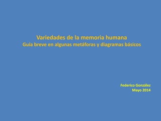 Variedades de la memoria humana
Guía breve en algunas metáforas y diagramas básicos
Federico González
Mayo 2014
 