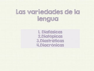 Las variedades de la 
lengua 
1. Diafásicas 
2. Diatópicas 
3. Diastráticas 
4. Diacrónicas 
 