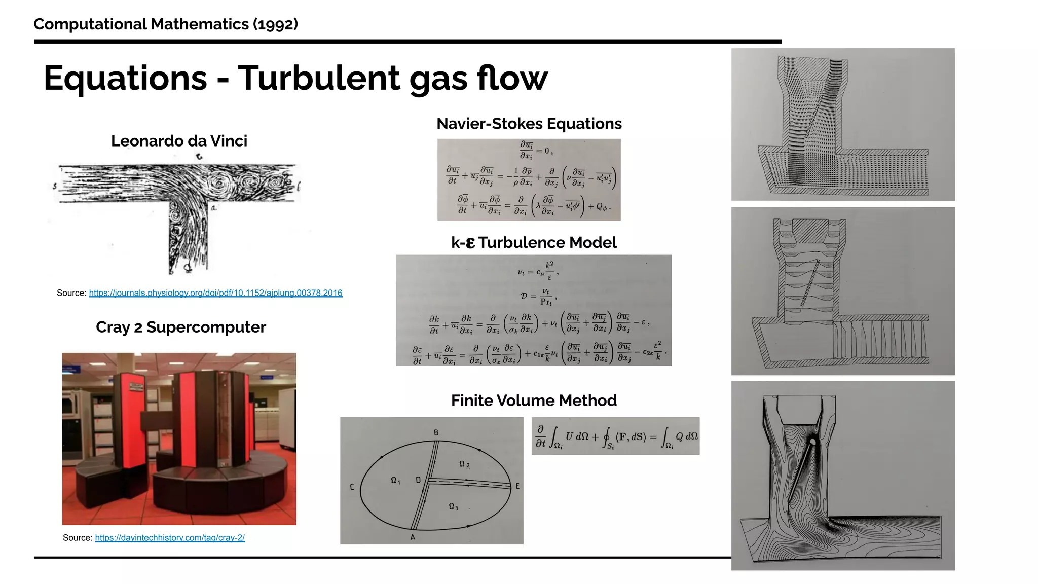 Equations - Turbulent gas ﬂow
Computational Mathematics (1992)
Leonardo da Vinci
Cray 2 Supercomputer
Navier-Stokes Equations
k- 𝛆 Turbulence Model
Finite Volume Method
Source: https://dayintechhistory.com/tag/cray-2/
Source: https://journals.physiology.org/doi/pdf/10.1152/ajplung.00378.2016
 