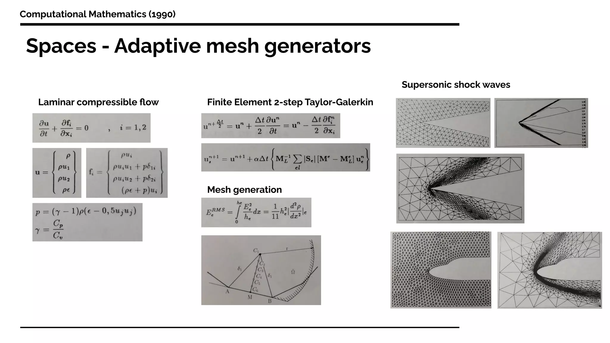 Spaces - Adaptive mesh generators
Computational Mathematics (1990)
Laminar compressible ﬂow Finite Element 2-step Taylor-Galerkin
Mesh generation
Supersonic shock waves
 