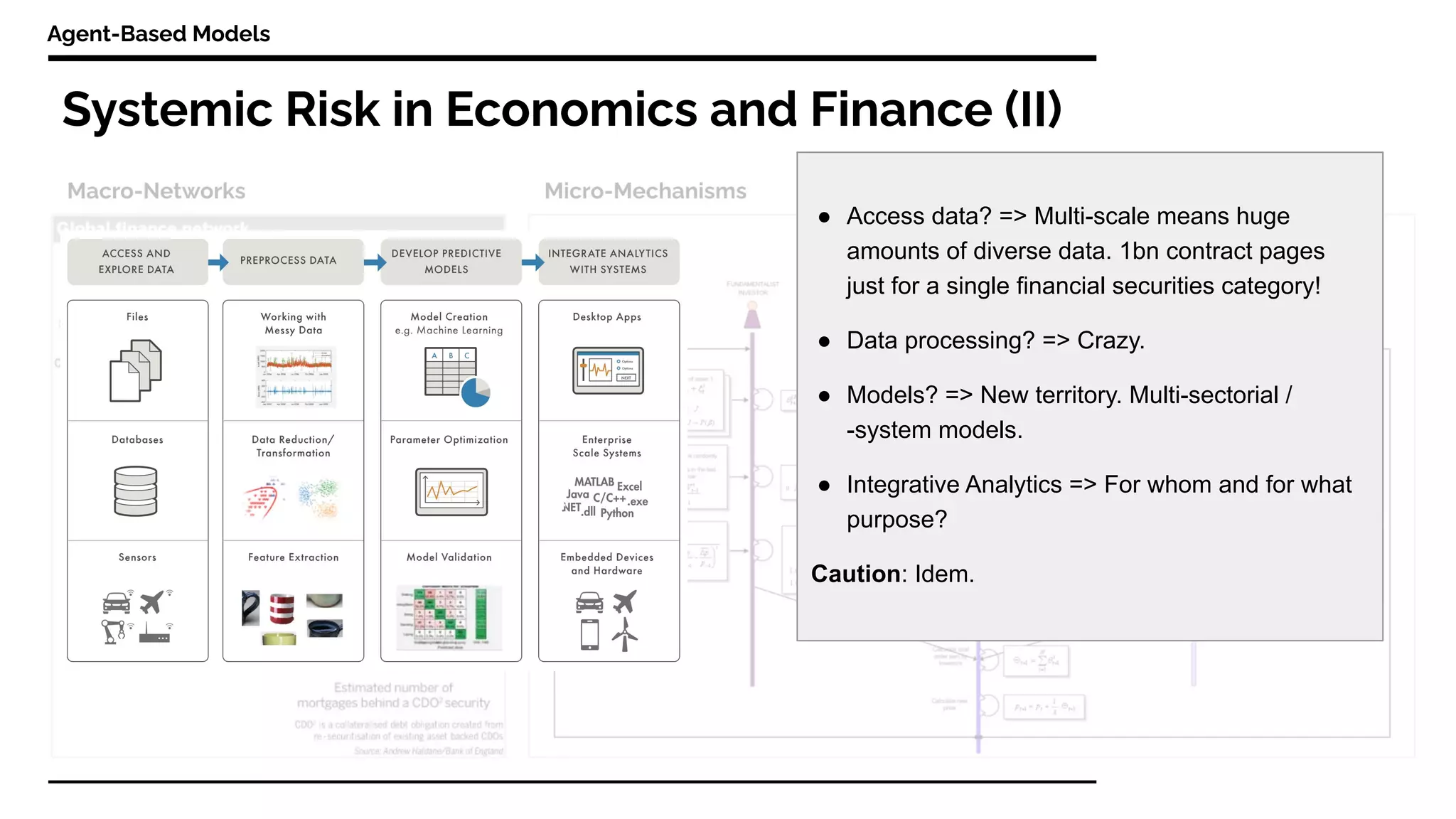 Systemic Risk in Economics and Finance (II)
Agent-Based Models
● Access data? => Multi-scale means huge
amounts of diverse data. 1bn contract pages
just for a single financial securities category!
● Data processing? => Crazy.
● Models? => New territory. Multi-sectorial /
-system models.
● Integrative Analytics => For whom and for what
purpose?
Caution: Idem.
 