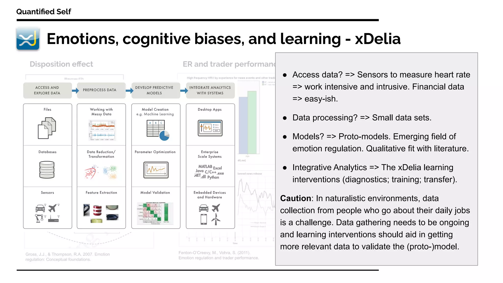 Emotions, cognitive biases, and learning - xDelia
Quantiﬁed Self
● Access data? => Sensors to measure heart rate
=> work intensive and intrusive. Financial data
=> easy-ish.
● Data processing? => Small data sets.
● Models? => Proto-models. Emerging field of
emotion regulation. Qualitative fit with literature.
● Integrative Analytics => The xDelia learning
interventions (diagnostics; training; transfer).
Caution: In naturalistic environments, data
collection from people who go about their daily jobs
is a challenge. Data gathering needs to be ongoing
and learning interventions should aid in getting
more relevant data to validate the (proto-)model.
 