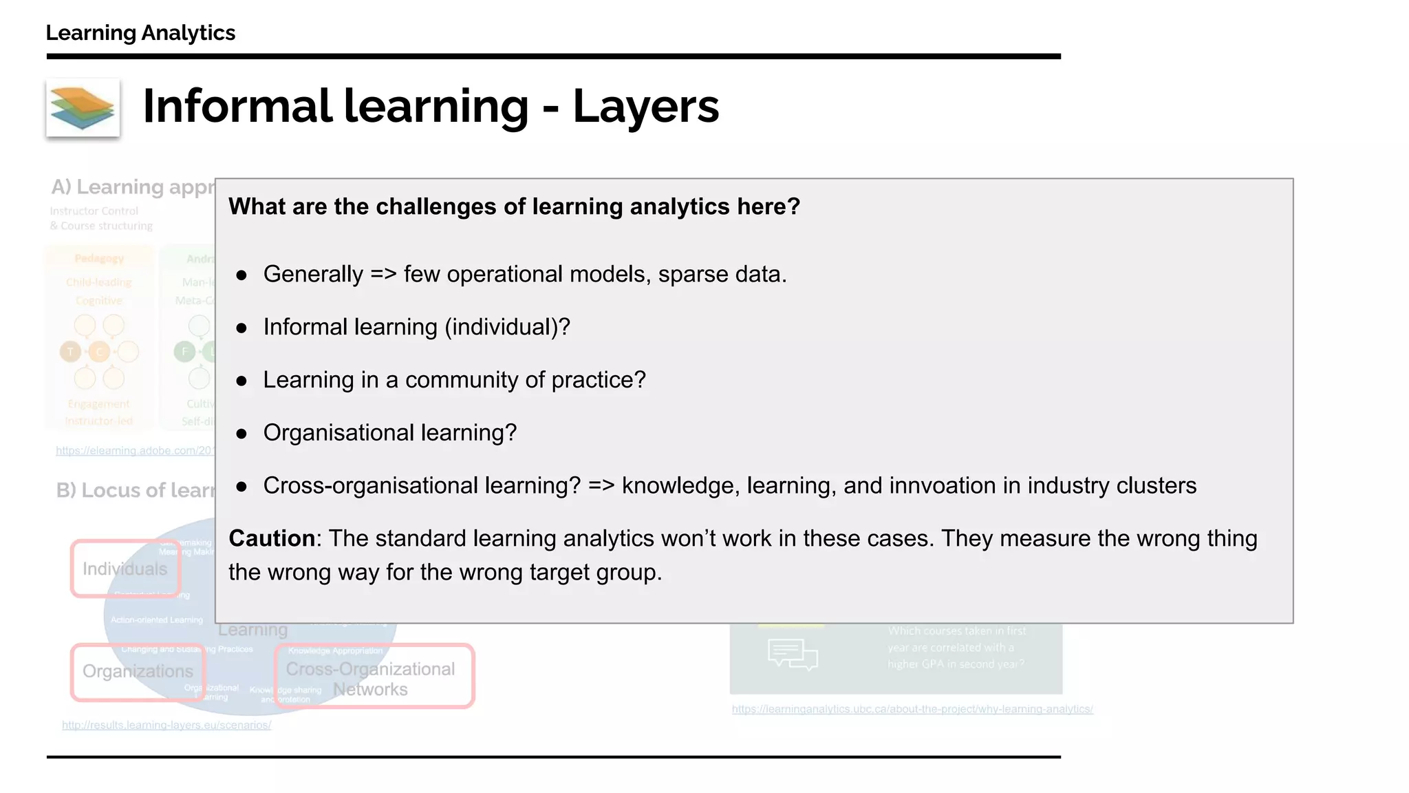 Informal learning - Layers
Learning Analytics
What are the challenges of learning analytics here?
● Generally => few operational models, sparse data.
● Informal learning (individual)?
● Learning in a community of practice?
● Organisational learning?
● Cross-organisational learning? => knowledge, learning, and innvoation in industry clusters
Caution: The standard learning analytics won’t work in these cases. They measure the wrong thing
the wrong way for the wrong target group.
 