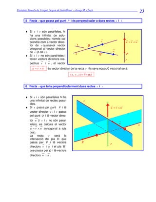 Varietats lineals de l’espai. Segon de batxillerat – Josep M. Lluch_______________________________
                                                                                                         23

       5 Recta r que passa pel punt P i és perpendicular a dues rectes s i t


       ♦ Si s i t són paral·leles, hi
         ha una infinitat de solu-
         cions possibles; només cal
         prendre com a vector direc-                                 v                   u =v ∧w
         tor de r qualsevol vector                  t           Q
         ortogonal al vector director
         de s (o de t ).                                                        w
                                                s                   Q'                   P
       ♦ Si s i t no són paral·leles i
         tenen vectors directors res-                                                    r
         pectius v i w , el vector
            u =v ∧w      és vector director de la recta r i la seva equació vectorial serà:

                                           (x , y , z) = P + α u



       6 Recta r que talla perpendicularment dues rectes s i t


       ♦ Si s i t són paral·leles hi ha
         una infinitat de rectes possi-                     t
         bles.
       ♦ Si s passa pel punt P i té                                         u =v ∧w
         vector director v ; i t passa
         pel punt Q i té vector direc-
          tor w (i s i t no són paral-
          leles), es calcula el vector                                              w
                                                                                                     s
           u = v ∧ w (ortogonal a tots
          dos).
                                                                v
          La recta       r   serà la
          intersecció del pla Π que
          passa per P i té vectors                      P
                                                                            r
          directors v i u i el pla Π '
          que passa per Q i té vectors
          directors w i u .
 