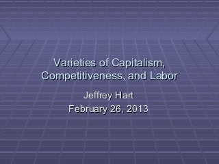 Varieties of Capitalism,
Competitiveness, and Labor
        Jeffrey Hart
     February 26, 2013
 